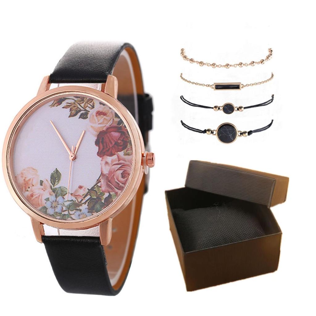 Stylish And Simple Rose Face Leather Belt Watch Female Pu Belt Quartz Lady Watch Watch Bracelet Set Female