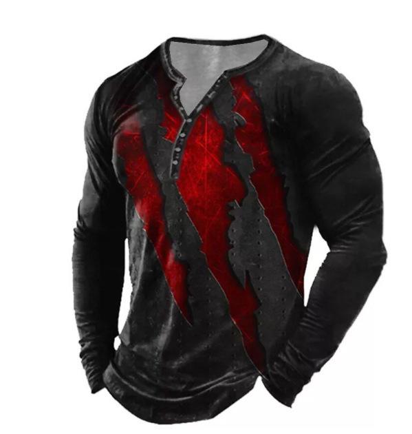 Evropské a americké slim fit plus size tičko bez límečku s potiskem, ležérní s dlouhým rukávem