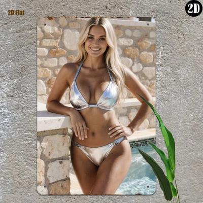 Arte de Pared Metálico de Lujo Vintage Chica en Bikini Decoración de Piscina Señal 2D Sin Marco para Baño Sala de Estar Patio Regalo Clásico para el Hogar