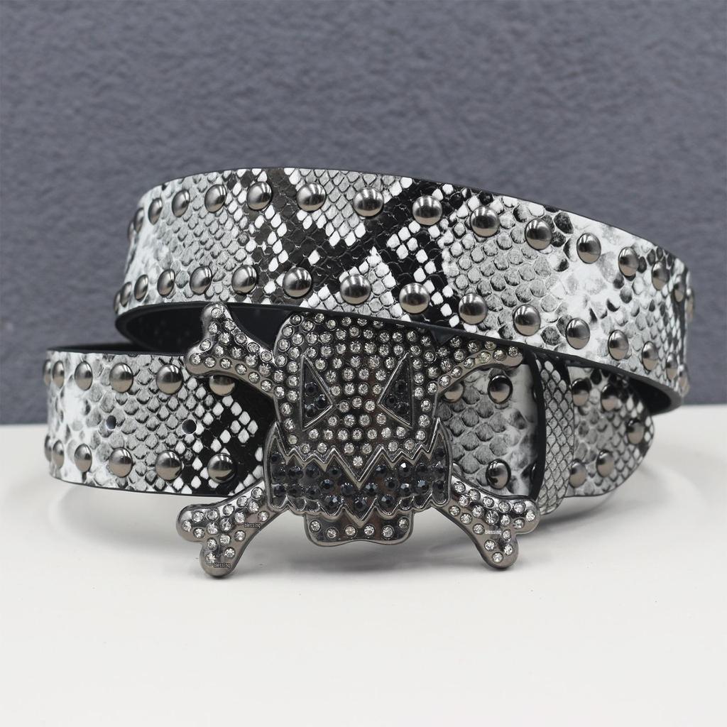 Unisex Y2K Rhinestone Skull Punk Belt with Rivet and Python Skin Design