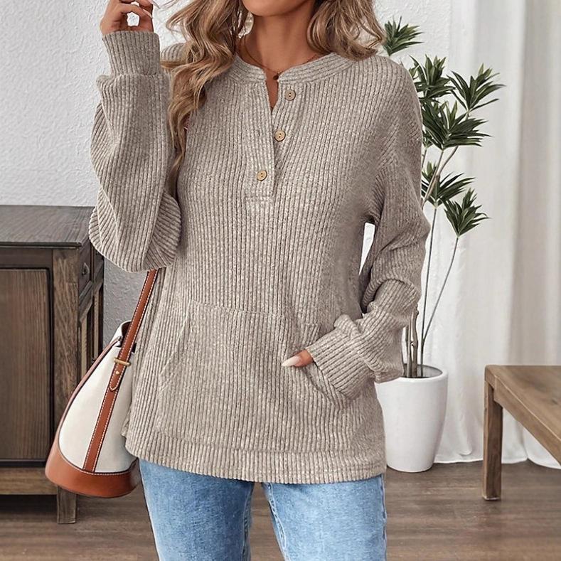 2025 Autumn/Winter European & American Women's Solid Color Button Loose Long Sleeve T-shirt