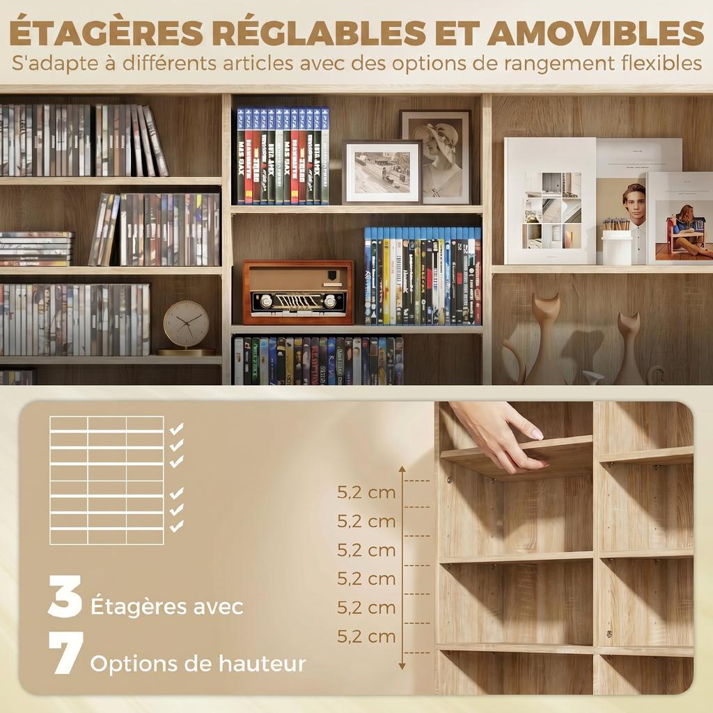 CD/DVD Storage Unit, 1032 CDs / 594 DVDs, 24 Compartments, 18 Adjustable Shelves, Oak