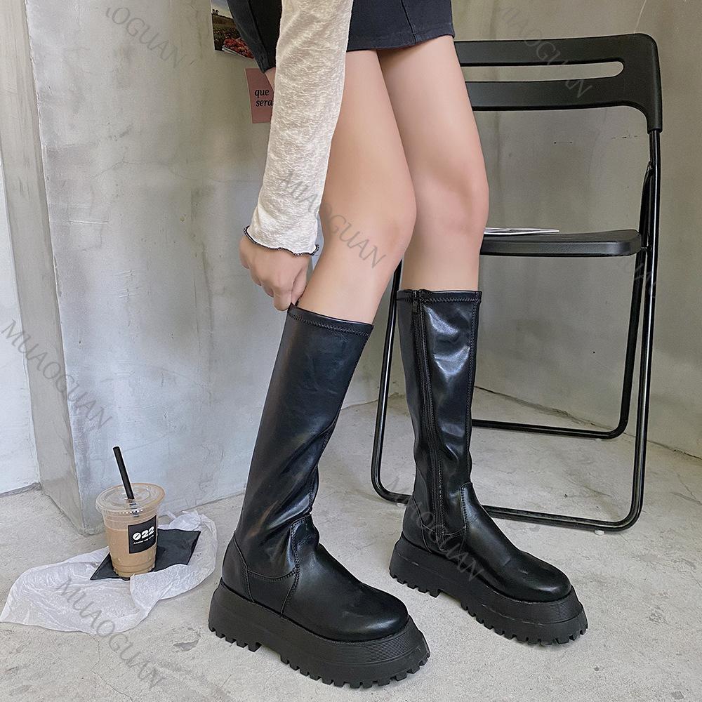 Fashion 2025 Autumn Chunky Platform Heels Short/Long Boots Round Toe Zipper Thick Sole Ladies Fashion Black Women's Knee High Botas