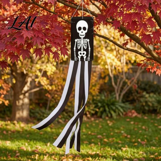Skull Pattern Wind Streamer Halloween Windsock Flag Large Spooky Pumpkin Skeleton Ghost Socks Outdoor Decorative Eaves Hanging Props Decor for Yard
