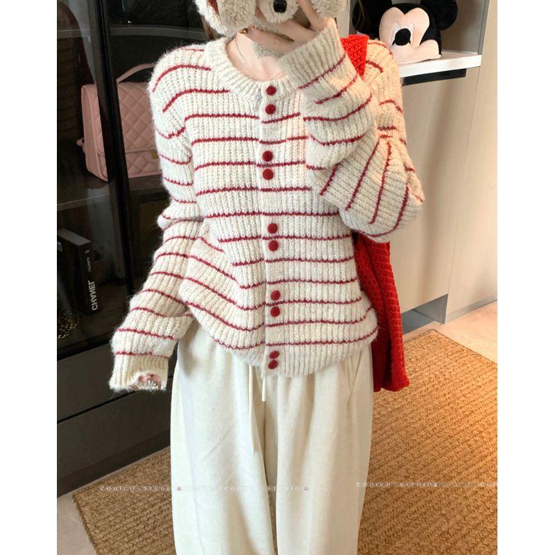 

Kumikumi Sweet Style Retro Stripe Contrast Color Long sleeve Sweater Women Autumn Loose Slimming Niche Age Reducing Top Apricot Stripes One size