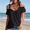 Women Tops Shoulder Straps Design Off Shoulder Ruffle Collar T-shirt Pure Color Loose Fit Short Sleeve Summer Tops