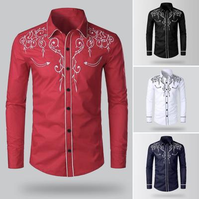 Men Western Cowboy Shirt Lapel Collar Single-breasted Long Sleeve Embroidery Slim Fit