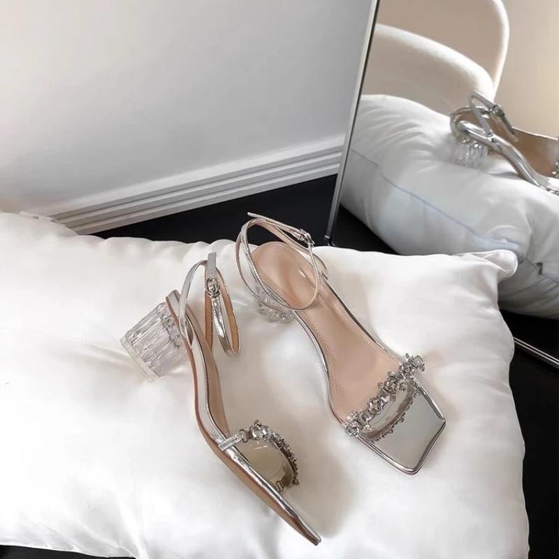 Fashion 2025 Fashionable Diamond Embellished Women's Sandals Summer Thick Heel Square Head Crystal High Heel Buckle Strap Clear Shoes