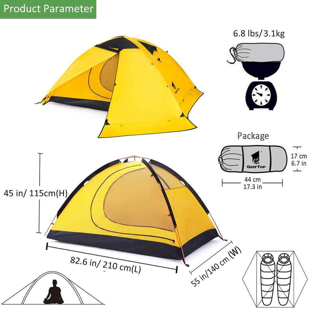 GEERTOP 2 Person Solo 4 Double Water Pressure Resistance Mountaineering Tent with Cold Easy Yellow Tent, Tent, Lightweight, Seasons, Layer, 5000MM,