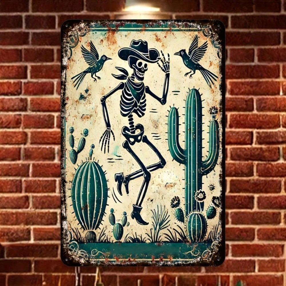 Vintage Western Cowboy Skeleton Parrot Tin Sign 8x12In Rustic Metal Wall Art Bar Cafe Decor