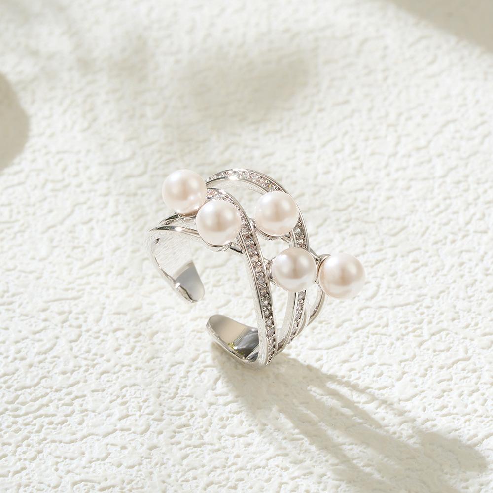 Premium Winding Micro-inlaid Zircon Imitation Pearl Opening Ring Fashionable Light Luxury Adjustable Ring New Index Finger Ring