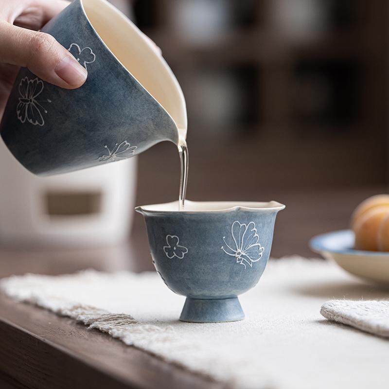 Hand Painted Ceramic Flower Tea Cup with 3D Butterfly High Foot Blue Porcelain Tea Set for Personal Use