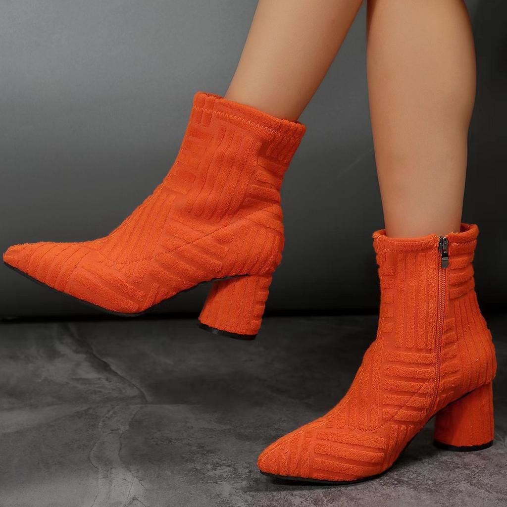 New women's pointed high-heeled short boots fashion suede thick-heeled short boots pointed thin British style towel boots