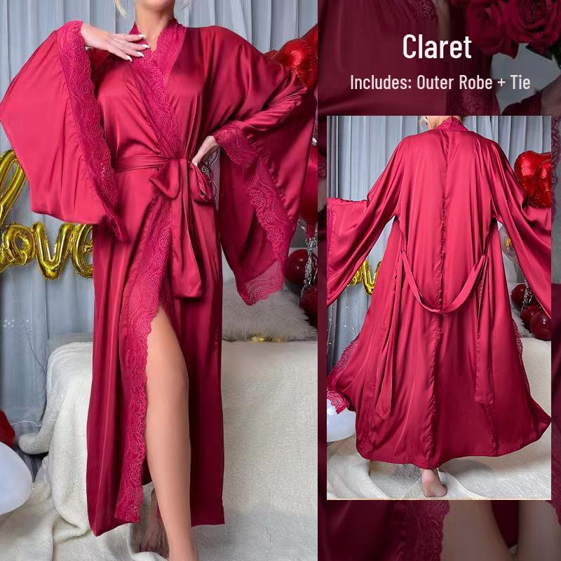 

Роскошная женская длинная атласная ночная сорочка с кружевом - Охлаждающий халат с длинным рукавом M