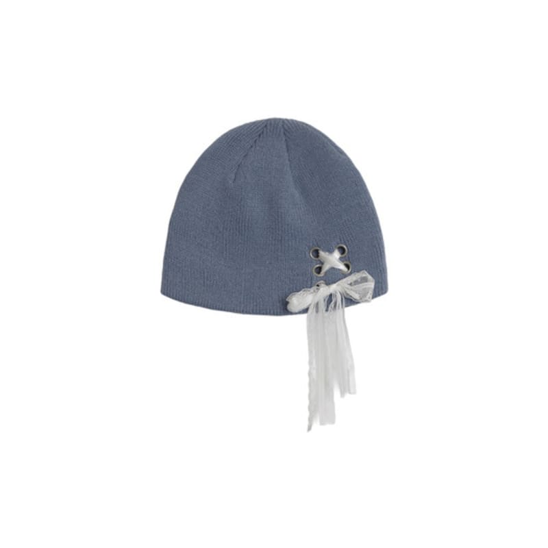 

PINK PINEAPPLE RIBBON EYELET KNIT BEANIE_BLUE BLUE_FREE