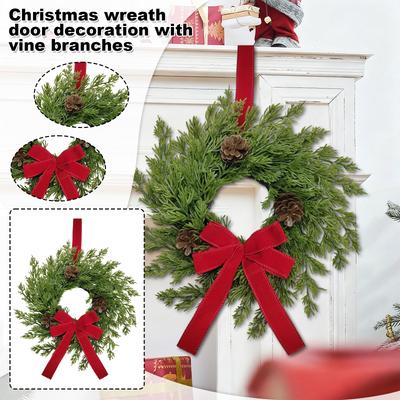 Pre-Lit Artificial Christmas Wreath,  Artificial Christmas Garland For Front Door With Red Bow, Cones, Red Berries,