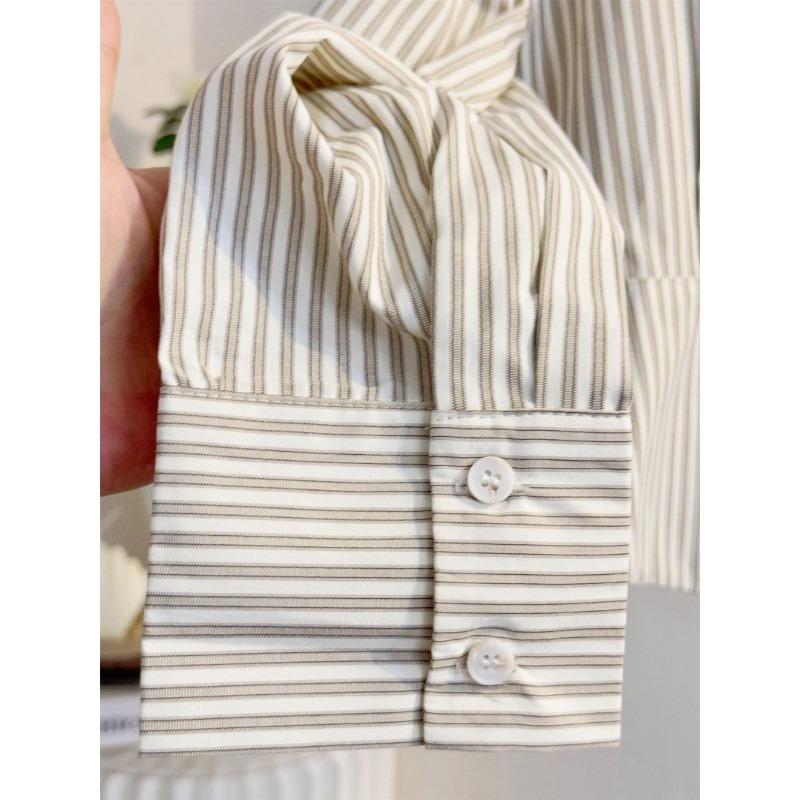 Trendy Cropped Striped Blouse Puff Sleeve Oversized Collar Shirt Daily Fashion Wear For Women