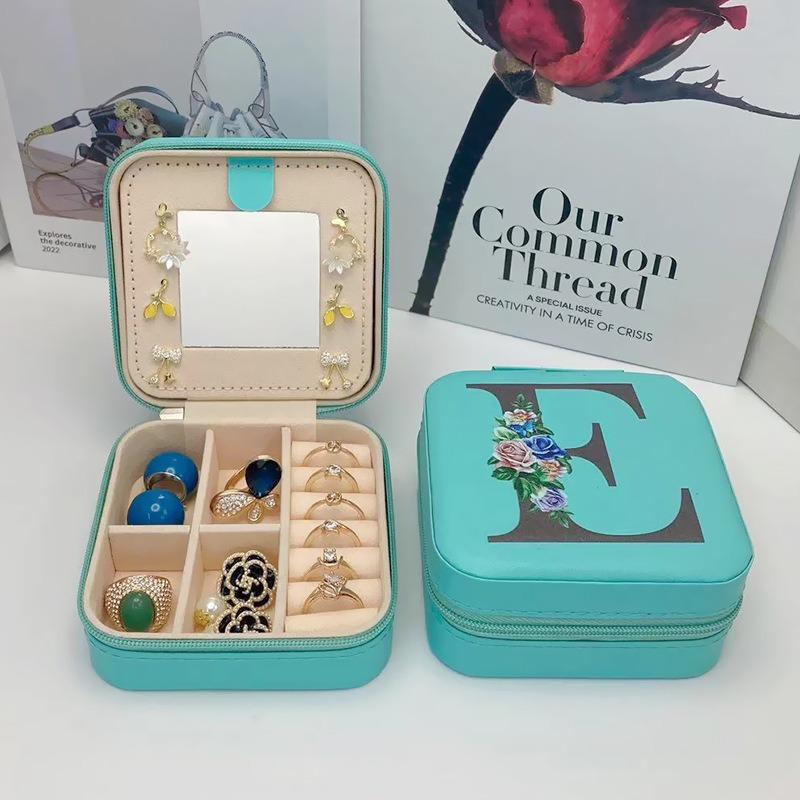 PU Leather Jewelry Box Mirror Storage Box 26 Letter Printed Portable Jewelry Organizer Earring Ring Necklace Case