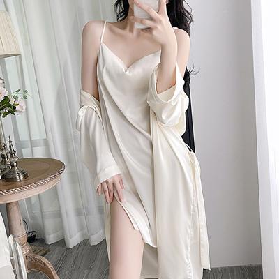 Pajamas Female Spring and Fall Thin Section of Ice Silk Long-sleeved Robe Sexy V-neck Nightgown Set