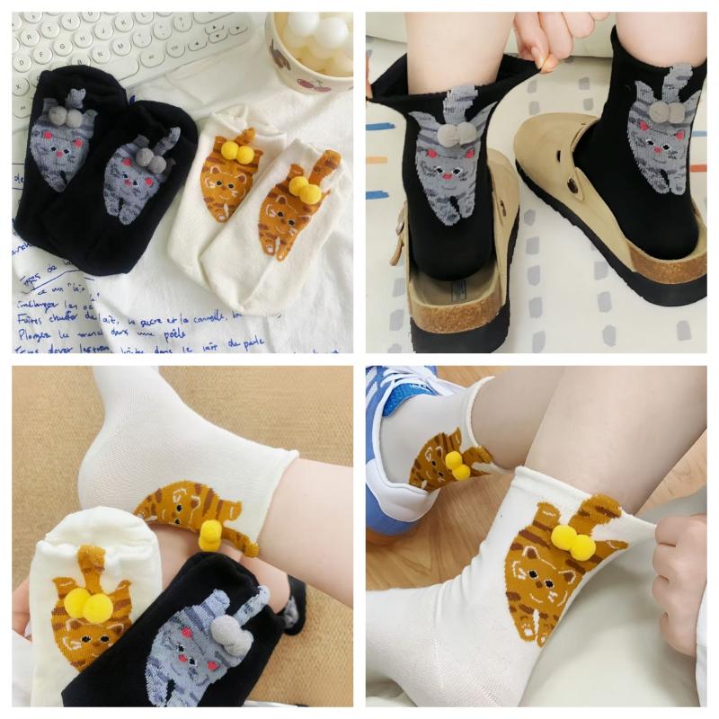 1/2 Paar Cartoon Niedliche Katze Bälle Sportsocken Für Damen Mädchen Sommer Mittelrohrsocken Lustige Cartoon Katze Ding Glocke Ball Socken