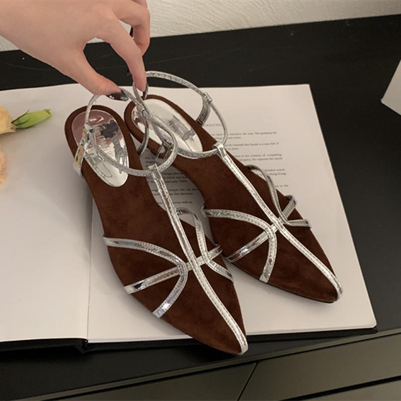 

Модный бренд Bailamos Женские сандалии Модные туфли с острым носком Ремешок на щиколотке Женские элегантные туфли-гладиаторы Туфли-лодочки на низком каблуке Mujer 39 серебряный