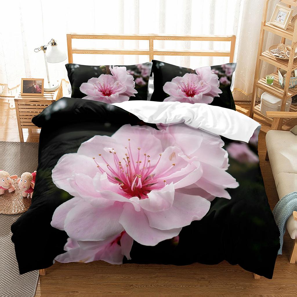 Kirschblüten-Bettbezug-Set, King-Queen-Größe, rosa Blumen-Polyester-Bettbezug für Kinder, Teenager, Erwachsene, Bettwäsche-Set