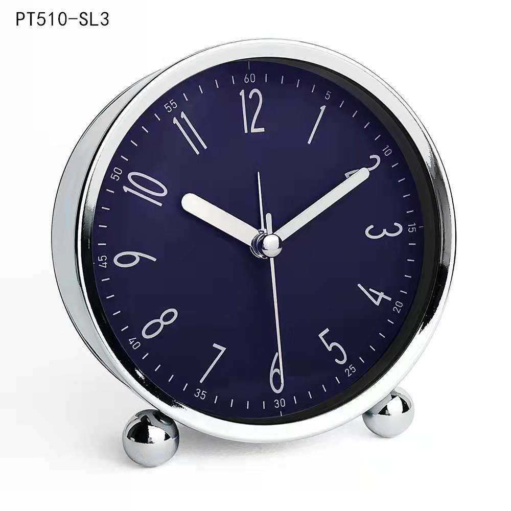 Round Alarm Clock Study Desk Alarm Clock Pointer Type Quartz Clock Bedside Table Clock Silent Metal Seat Clock