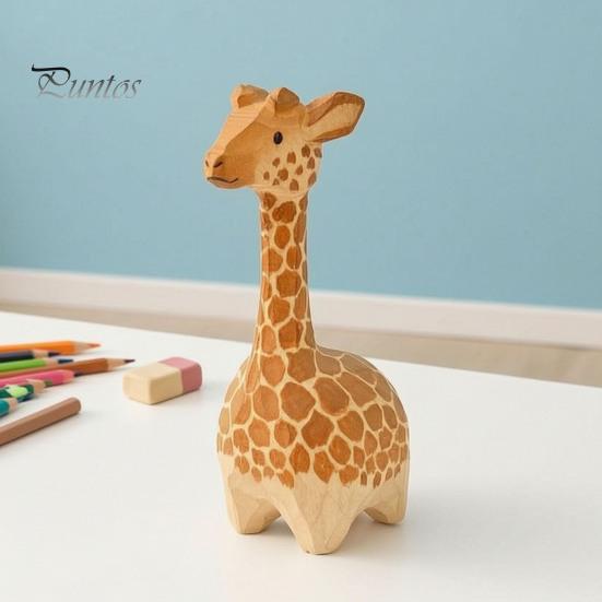 Cute Giraffe Decor for Nursery Wooden Figurine, Cartoon Ornament, Minimalist Animal Hand Painted Crafts Statue, Hand-Painted Desk Shelf Kids