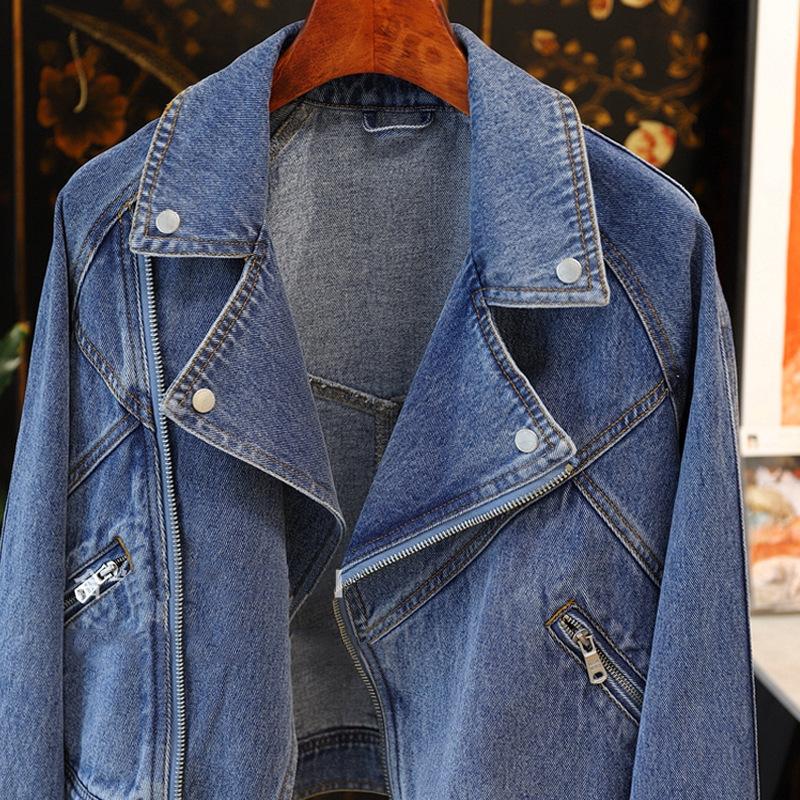 Wiosna Jesień Kobiety Casual Denim Kurtka Damska Moto Biker Płaszcz Vintage Lapel Kurtka Z Zamkiem Błyskawicznym
