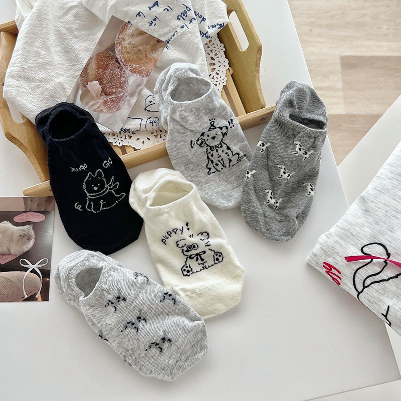 Cartoon Dog Cute Sock Slippers Cotton Thin Breathable Summer Invisible No Show Socks Silicone Non-slip Low Cut Ankle Boat Socks