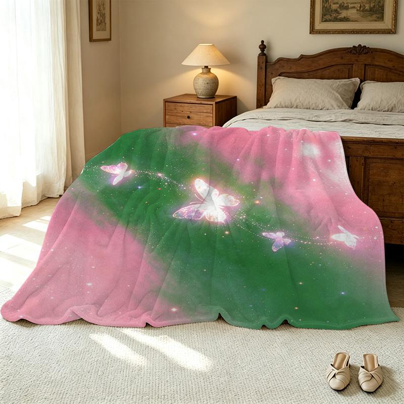 Cozy Flannel Fleece Blanket High-Density Soft Touch, Dreamy Butterfly Design, Warm Plush Fabric for Home, Christmas & Halloween Relaxation