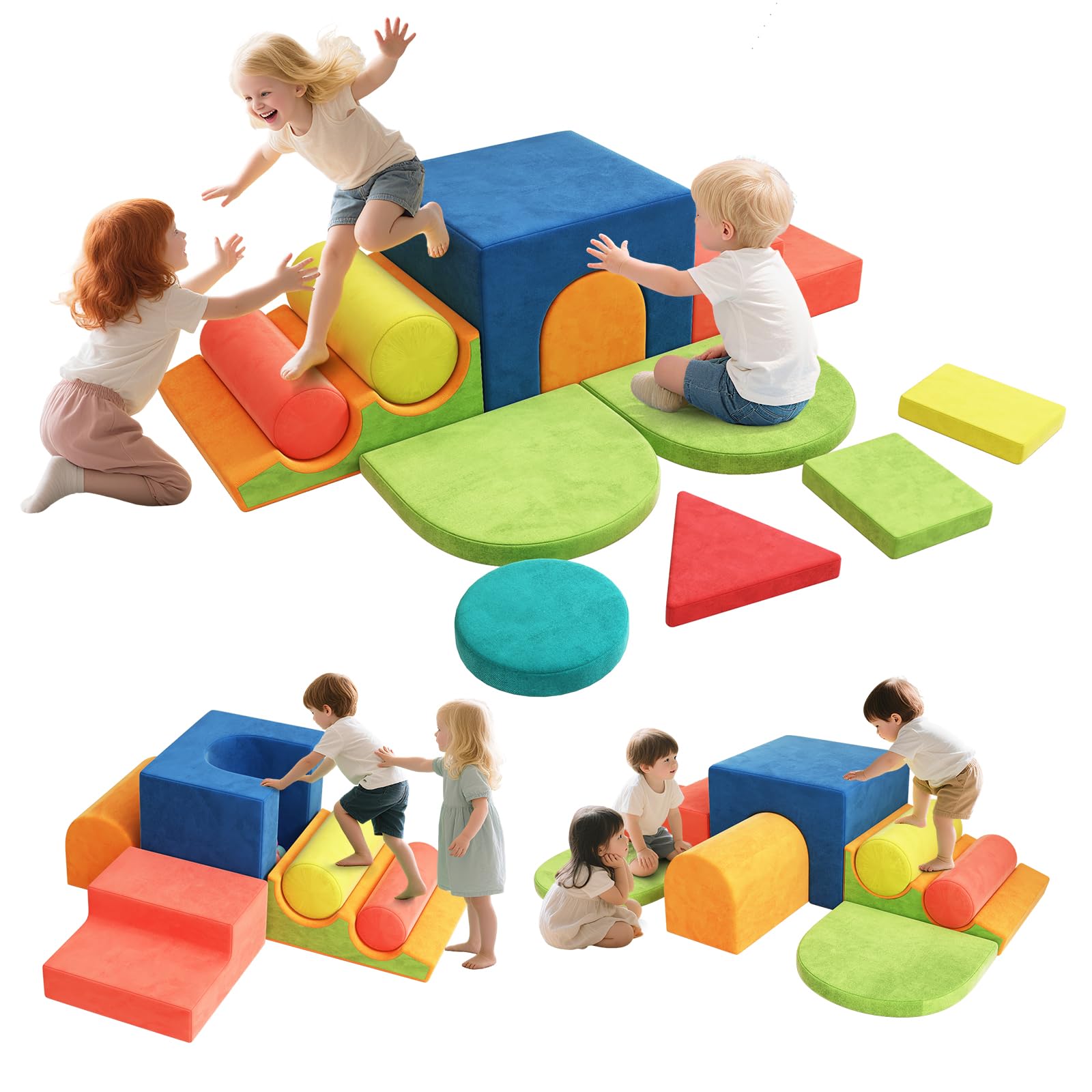 

12-Piece Soft Block Set, Macaron Colors, Indoor Playground Equipment for Kids, Includes Jungle Gym and Slide, Cushion Play Equipment for Ages 1+