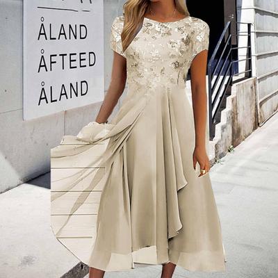O-Neck Short Sleeve Waist Tight High-waisted Evening Dress Elegant Embroidery Lace Floral