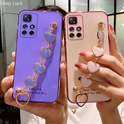 Luxus Überzug Rot Liebe Herz Armband Telefon Fall Für Xiaomi Redmi Hinweis 11 11S 10 10S 10A 10C 9 9A 9T 9C 8 8T Handgelenk Kette Abdeckung
