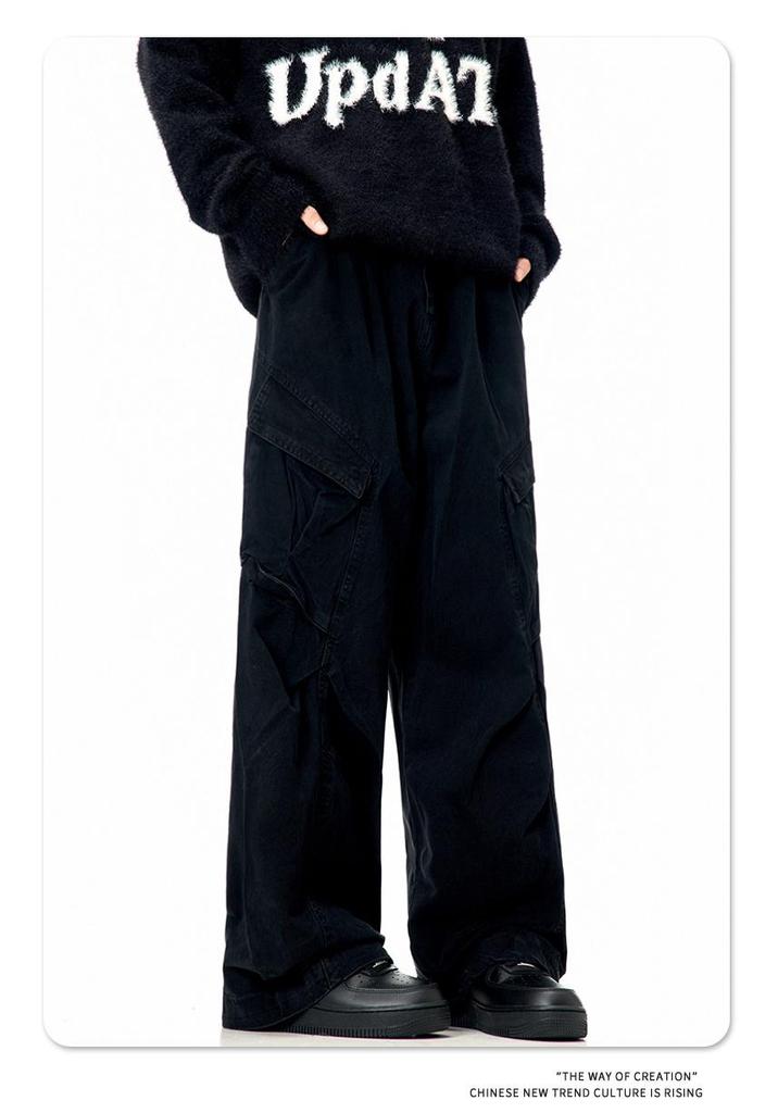 11KN Unisex Retro Wide Leg Work Pants with 3D Pockets - Pleated, Loose, Slimming, Casual, Long Fit