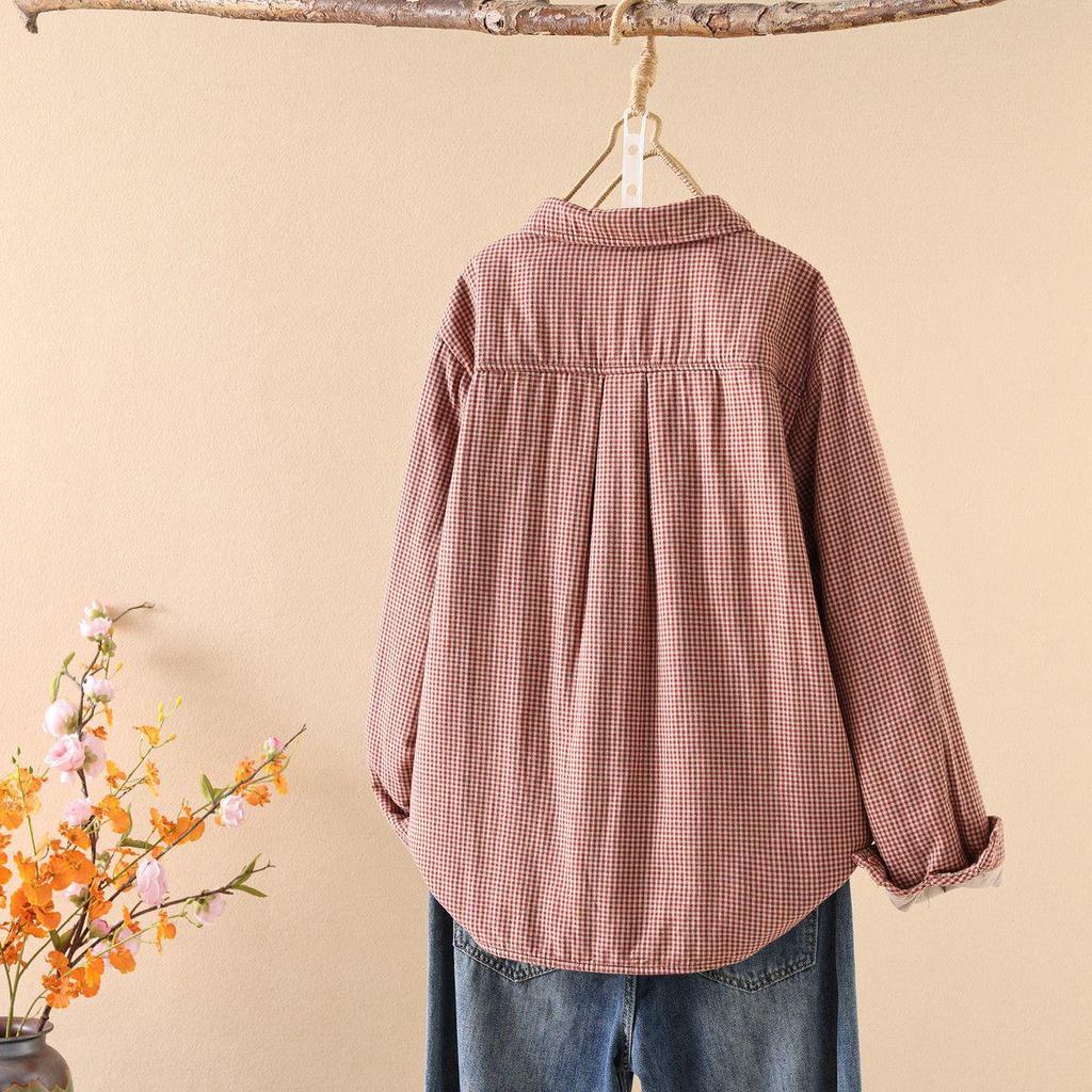 Women's Quilted Plaid Long-Sleeve Cotton Shirt with Doll Collar - Fall/Winter Collection