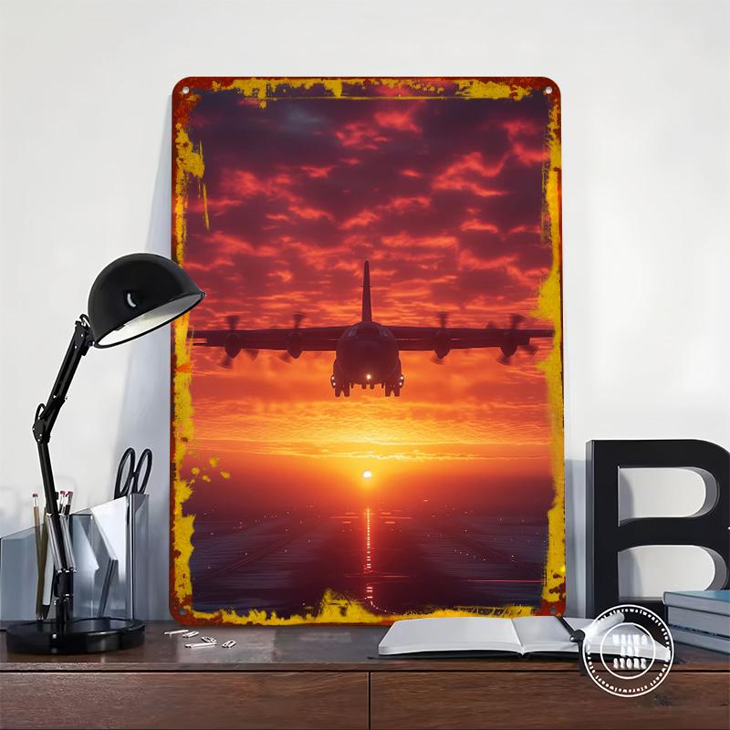 Airplane At Sky Background Tin Plaque Poster Customized Wall Art Retro Vintage Metal Signs for Man Cave Decoration Bedroom Decor