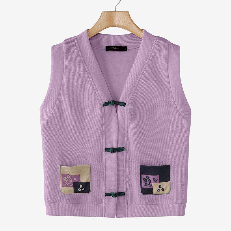 

ZANZEA Женские винтажные жилеты с V-образным вырезом без рукавов с принтом и карманом 2XL фиолетовый