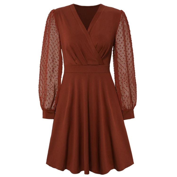 Summer Women Casual V-Neck Long Sleeve A-Line Dress High Waist Above Knee Solid Color Jacquard Dresses Spring S-XL