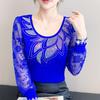 Spring Autumn Women's Hotfix Rhinestone Flower Lace Sleeve Patchwork T-Shirt Elegant Full Sleeve Tees Slim Ladies Tops