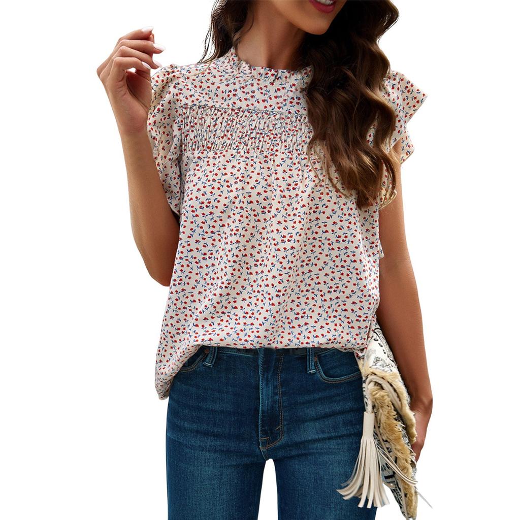 Sleeveless Ruffled Collar Printed Top With Loose Casual T-shirt