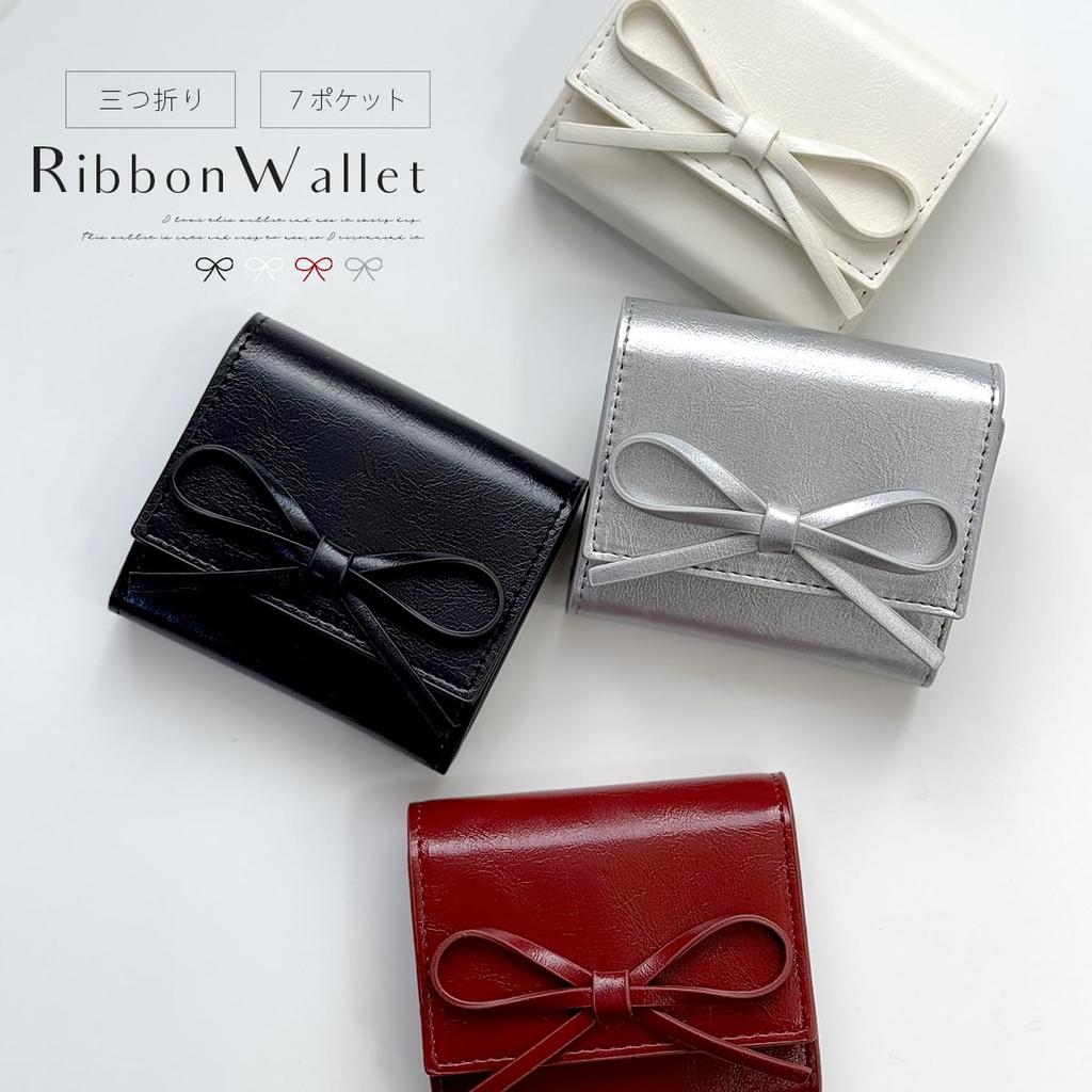 Gisele Mini Large Easy to Card Folding Tri-fold Wallet, Wallet, Compact, Capacity, Use, Ribbon, L-Shaped, Case, Wallet, Small, Women's (Black)