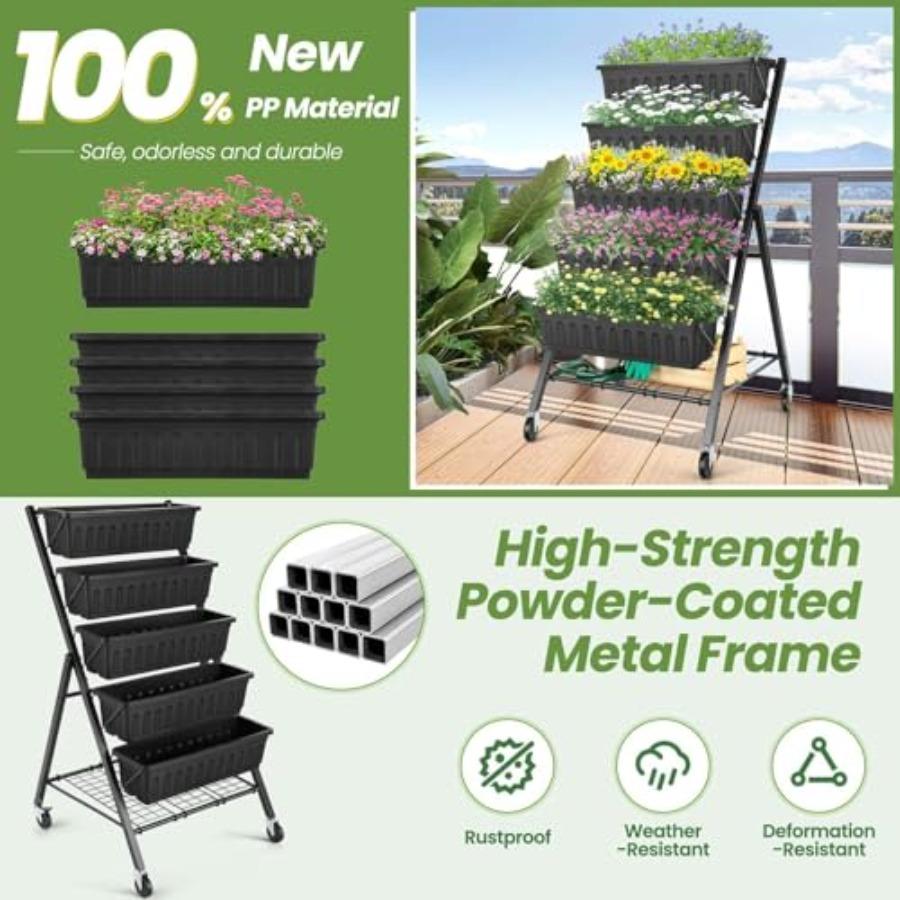 5-Tier Raised Garden Bed 4FT Vertical Garden Planter with Storage Rack and Lockable Caster Wheels Indoor Outdoor Raised Planter