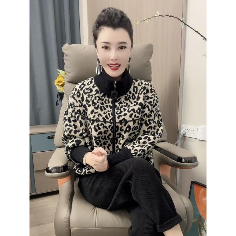 Herbst Winter Leopardenmuster Wollmantel Kurzer Stil Reißverschluss Koreanischer Stil Mode Strickjacke Top