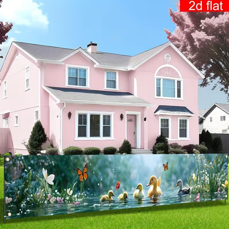 

2D Cute Duck Family Banner, Lake Pond with Butterflies 2D Flat Banner for Home Decoration 47.2x31.5inch/120*80cm