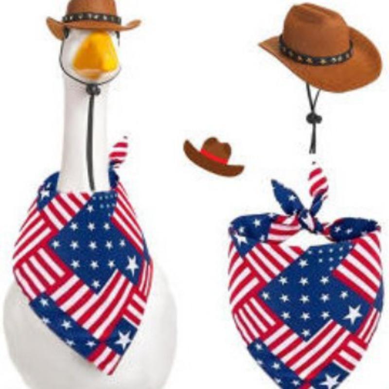 Chovatelské potřeby Bílá husa Klobouk Šátek Sada Dekorace Velká bílá husa Barevný kožešinový míč Slaměný klobouk Pruhovaný trojúhelníkový šátek