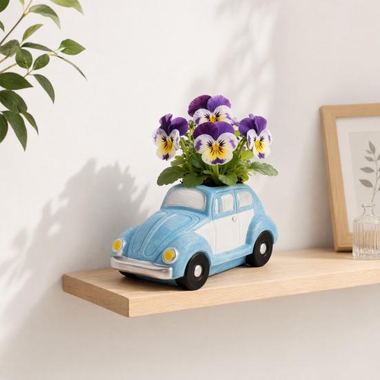 Retro brouk Auto Sukulentní Květináč, Velkokapacitní Květináč ve Tvaru Auta se Stárkovanou Glazurou Modrobílý Povrch, Kreativní Dekorace na Stůl pro Terasu Balkon