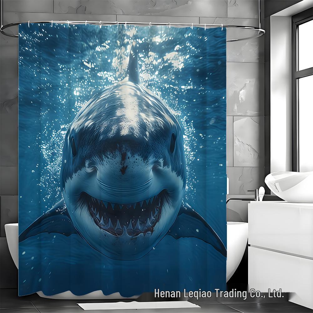 Shark Print Shower Curtain Set with 12 Hooks - Bathroom Decoration Accessories