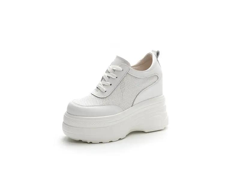 11cm Genuine Leather Women Fashion Platform Sneakers High Hidden Heel Wedge Walking Shoes Brides Wedding Shoes Tennis Shoes