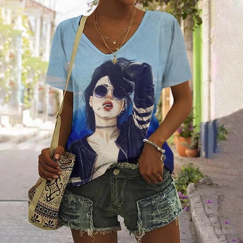 

Крутой и удобный летний топ с V-образным вырезом в стиле кэжуал, модный и стильный принт в полоску и граффити, минималистичная женская футболка XL